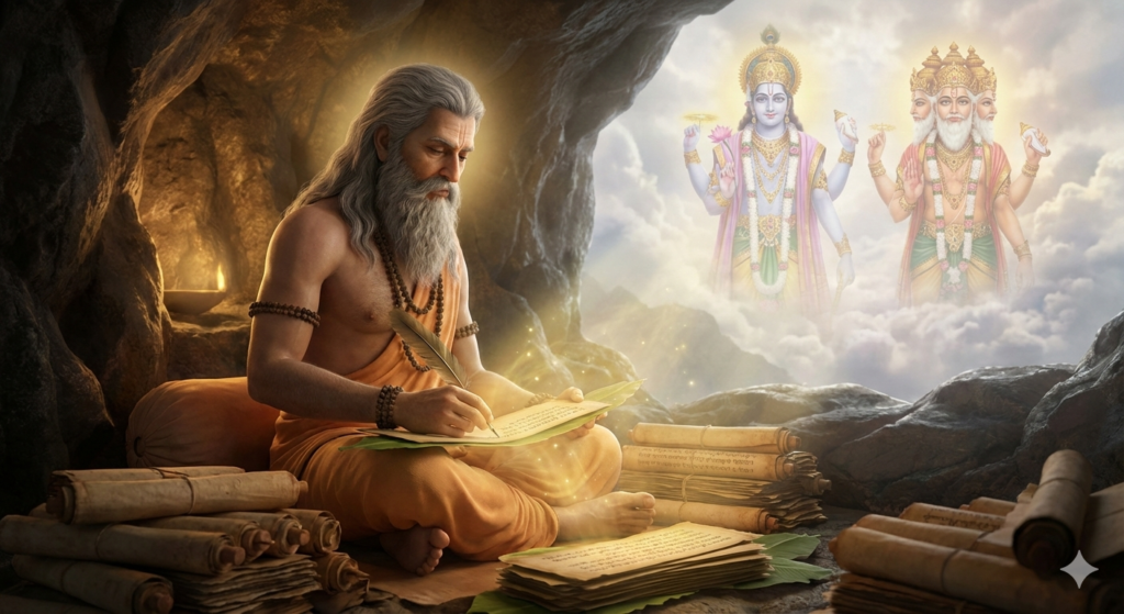 ಯುದ್ಧಭೂಮಿಯಿಂದ ಆಚೆಗೆ: ಮಹಾಭಾರತದ ದೈವಿಕ ಮೂಲ ಮತ್ತು ಅನಂತ ಜ್ಞಾನ vedavyasa writing mahabharata