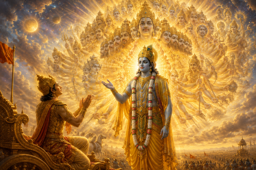 Lord Krishna revealing his Vishwaroopa (Universal Form) to Arjuna in the Mahabharatha, demonstrating the cosmic nature of the Divine.